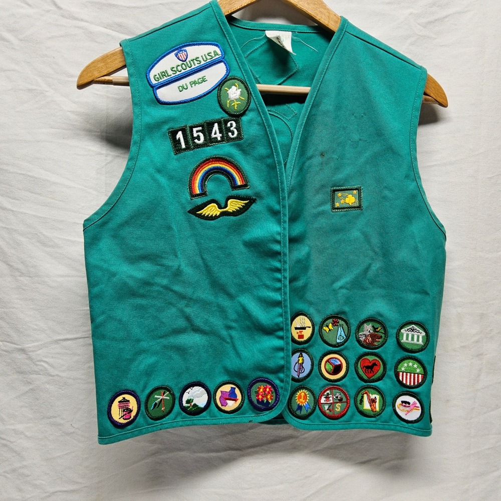 Vintage Girl Scouts USA Junior Cadette Loaded Patch Vest Large 14-16 DuPage 1543